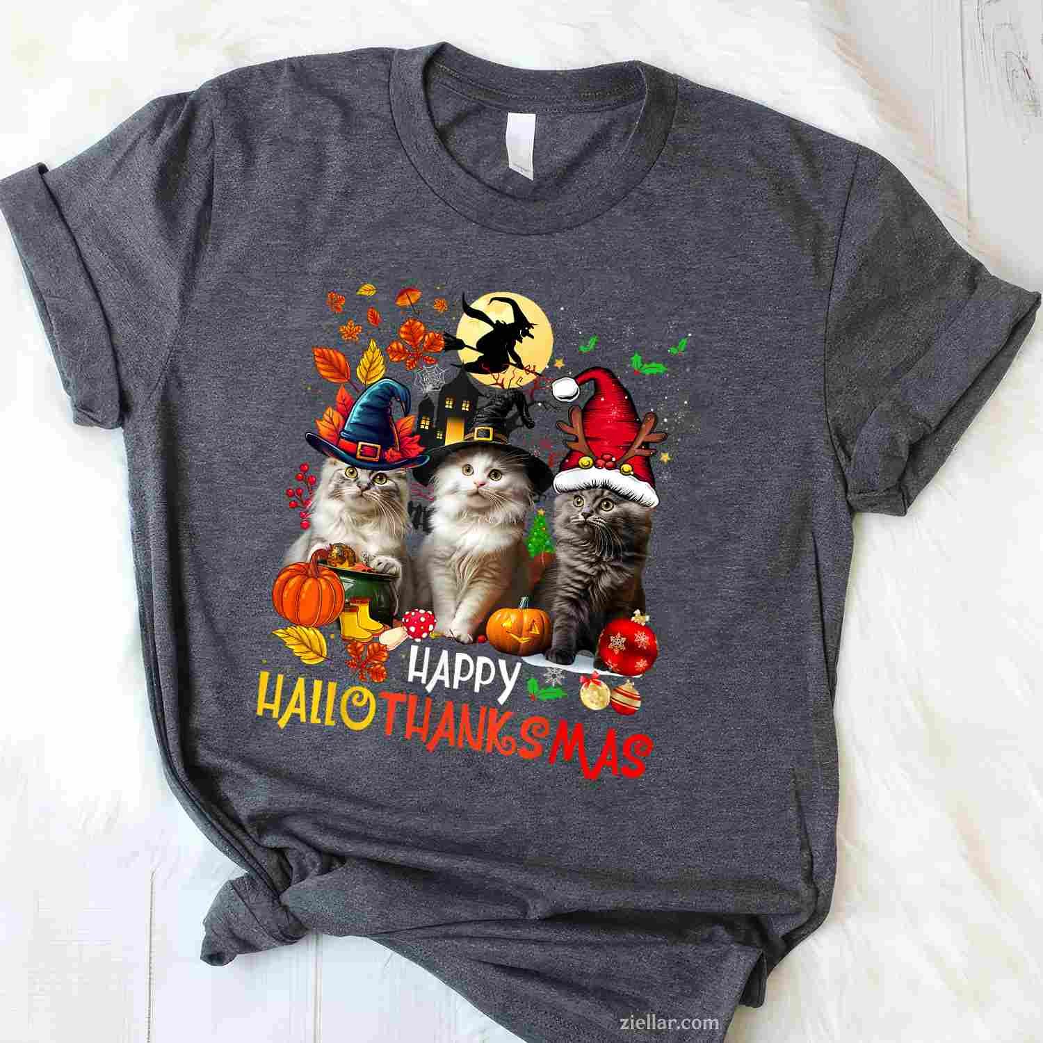 Halloween Thanksgiving Christmas Happy HalloThanksMas Cats Tee, Halloween T-Shirt for Men Women Adults Unisex, Trendy Graphic Apparel, Unique Gift Idea