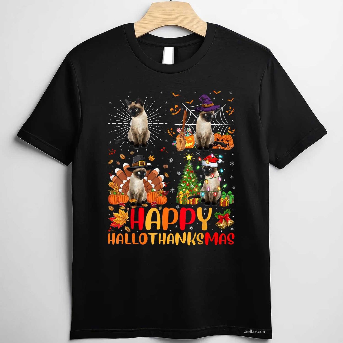 Halloween Thanksgiving Christmas Siamese Cat Hallothanksmas for Men Women Tee, Halloween T-Shirt for Men Women Adults Unisex, Trendy Graphic Apparel, Unique Gift Idea