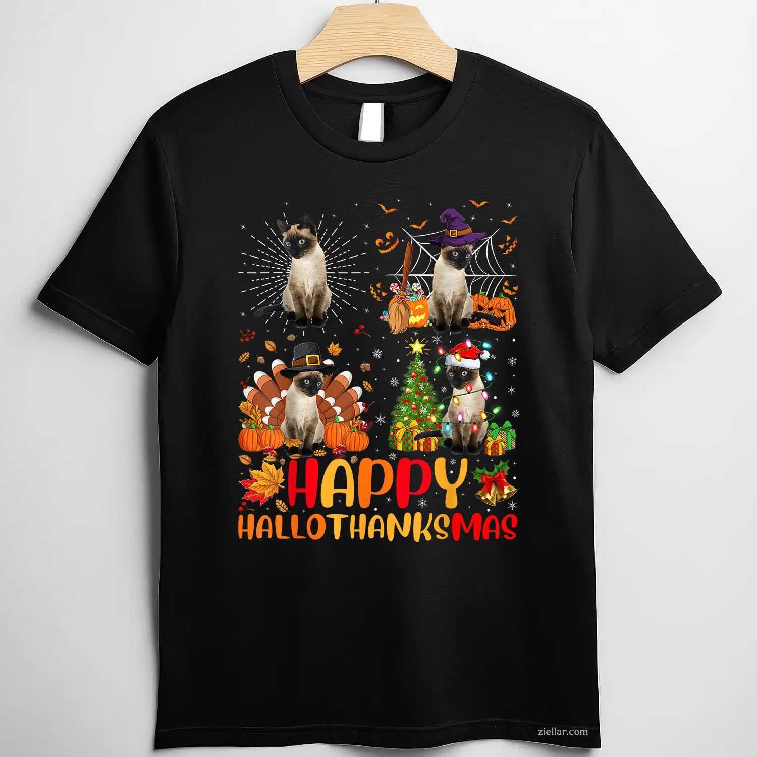 Halloween Thanksgiving Christmas Siamese Cat Hallothanksmas for Men Women Tee, Halloween T-Shirt for Men Women Adults Unisex, Trendy Graphic Apparel, Unique Gift Idea