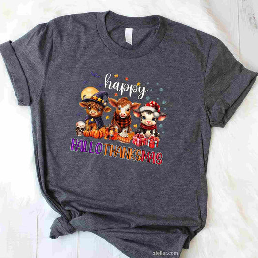 Halloween Thanksgiving Christmas Happy HalloThanksMas Cows Funny Graphic Tee and T-Shirt Gift for Adults Men Women Unisex