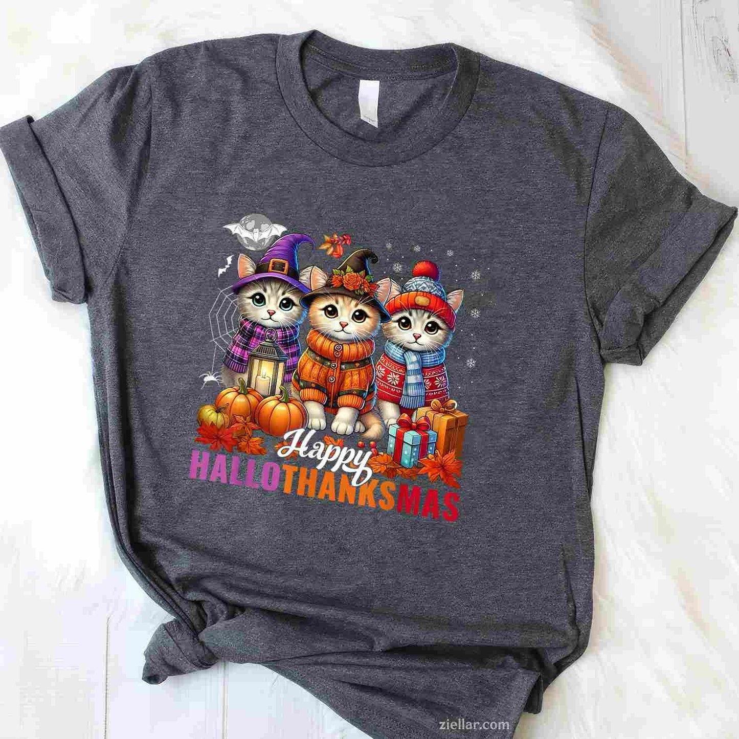 Halloween Thanksgiving Christmas Happy HalloThanksMas Cats Funny Graphic Tee and T-Shirt Gift for Adults Men Women Unisex Perfect Gift