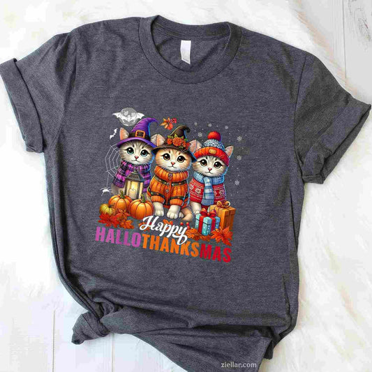 Halloween Thanksgiving Christmas Happy HalloThanksMas Cats Funny Graphic Tee and T-Shirt Gift for Adults Men Women Unisex Perfect Gift