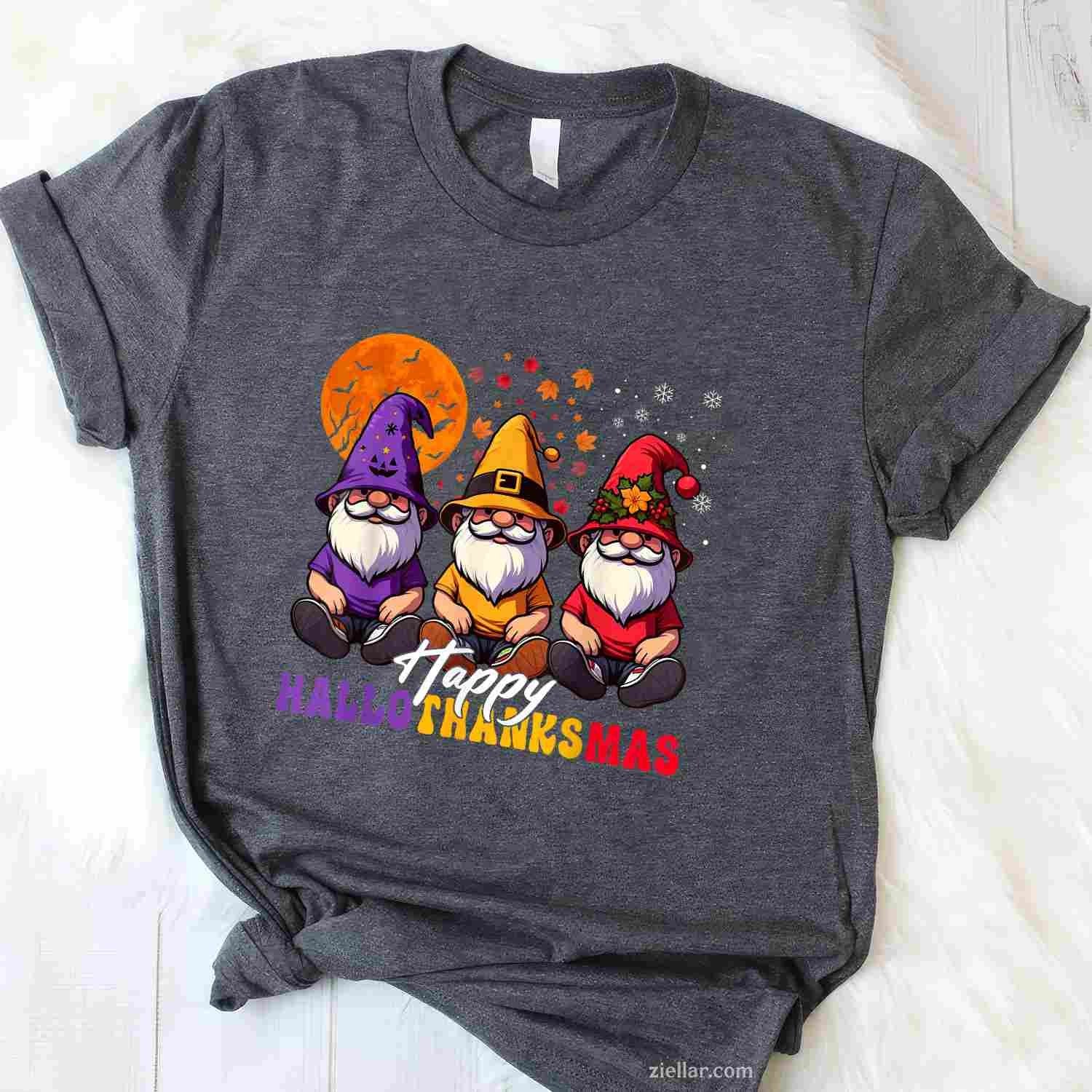 Halloween Thanksgiving Christmas Happy HalloThanksMas Gnomes Funny Graphic Tee and T-Shirt Gift for Adults Men Women Unisex