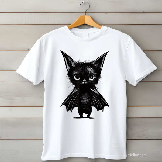 Halloween Grumpy Black Kitten In Bat Costume Tee, Halloween T-Shirt for Men Women Adults Unisex, Trendy Graphic Apparel, Unique Gift Idea