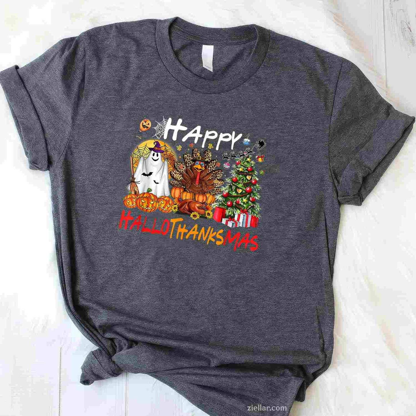 Halloween Thanksgiving Christmas Turkey Happy HalloThanksMas Funny Graphic Tee and T-Shirt Gift for Adults Men Women Unisex