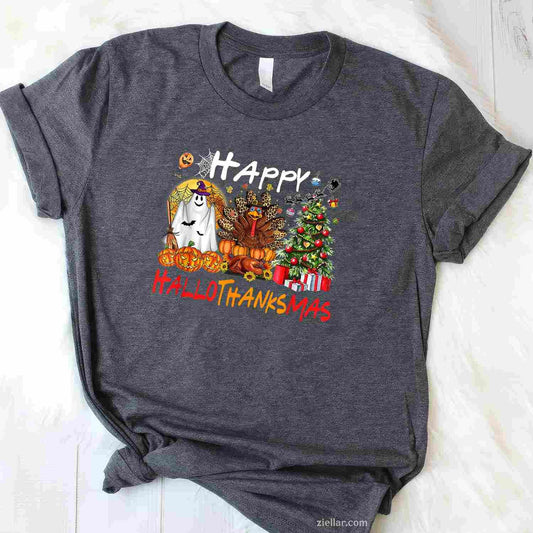 Halloween Thanksgiving Christmas Turkey Happy HalloThanksMas Funny Graphic Tee and T-Shirt Gift for Adults Men Women Unisex
