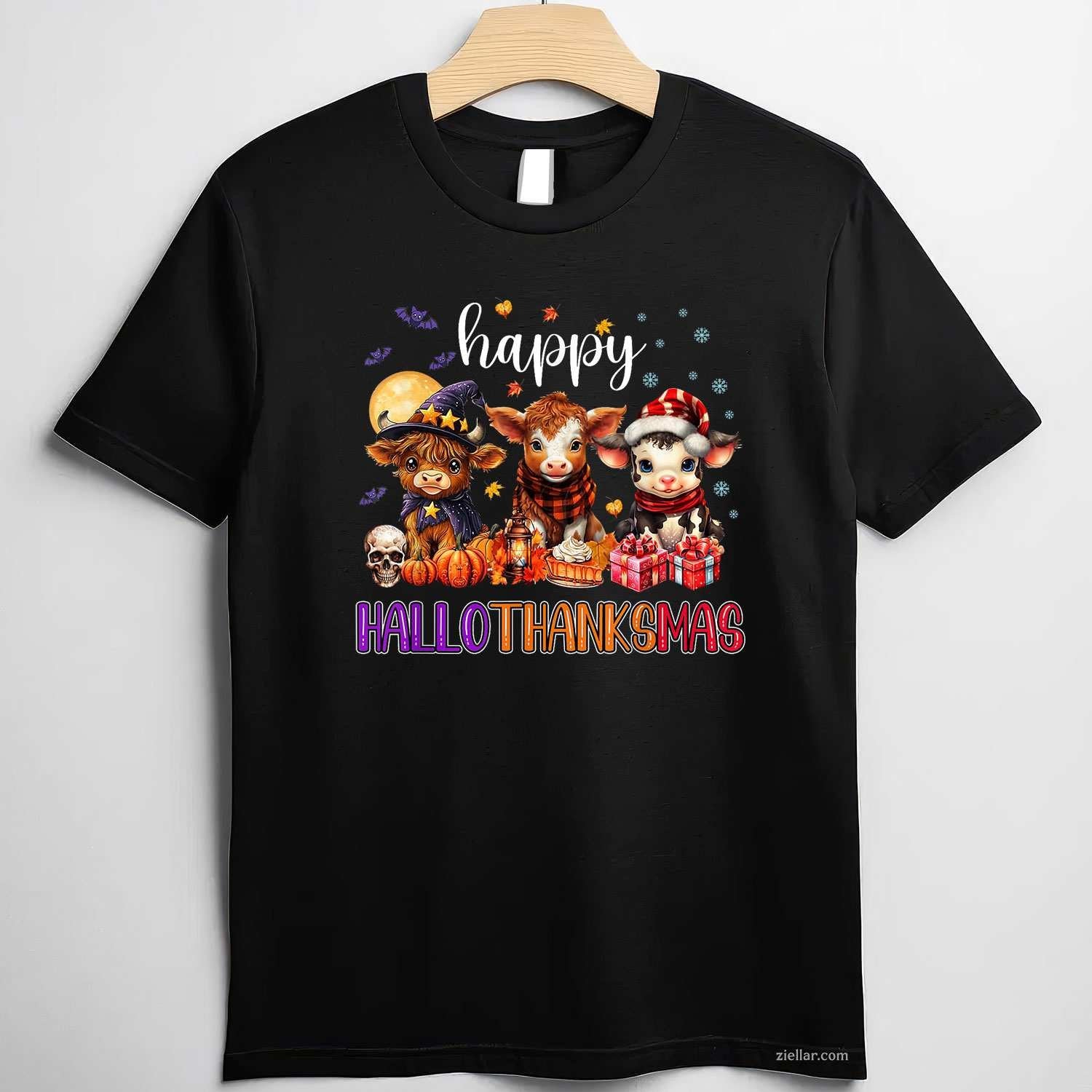 Halloween Thanksgiving Christmas Happy HalloThanksMas Cows Funny Graphic Tee and T-Shirt Gift for Adults Men Women Unisex