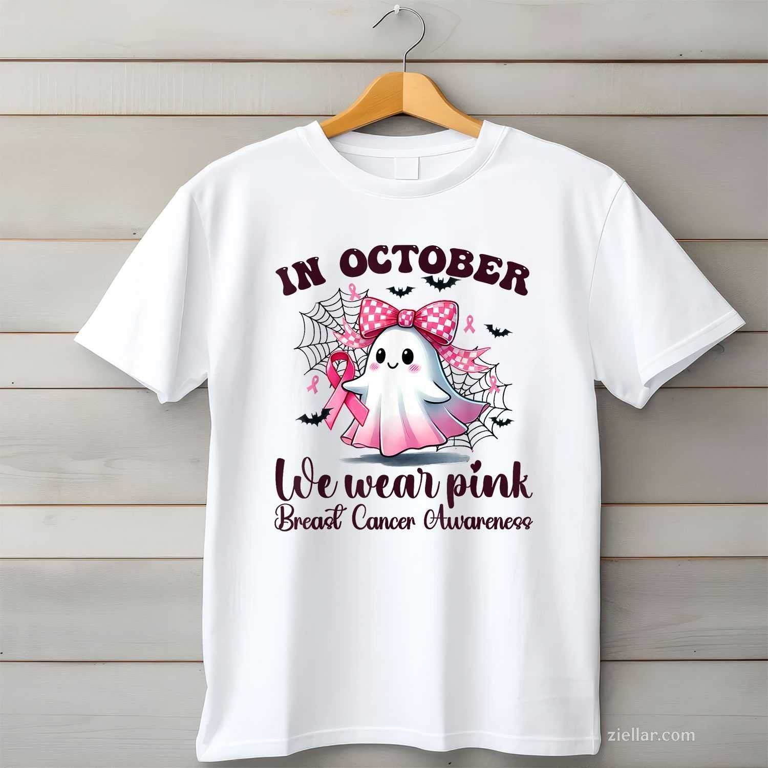 Halloween In October We Wear Pink Breast Cancer Awareness Funny Graphic Tee and T-Shirt Gift for Adults Men Women Unisex