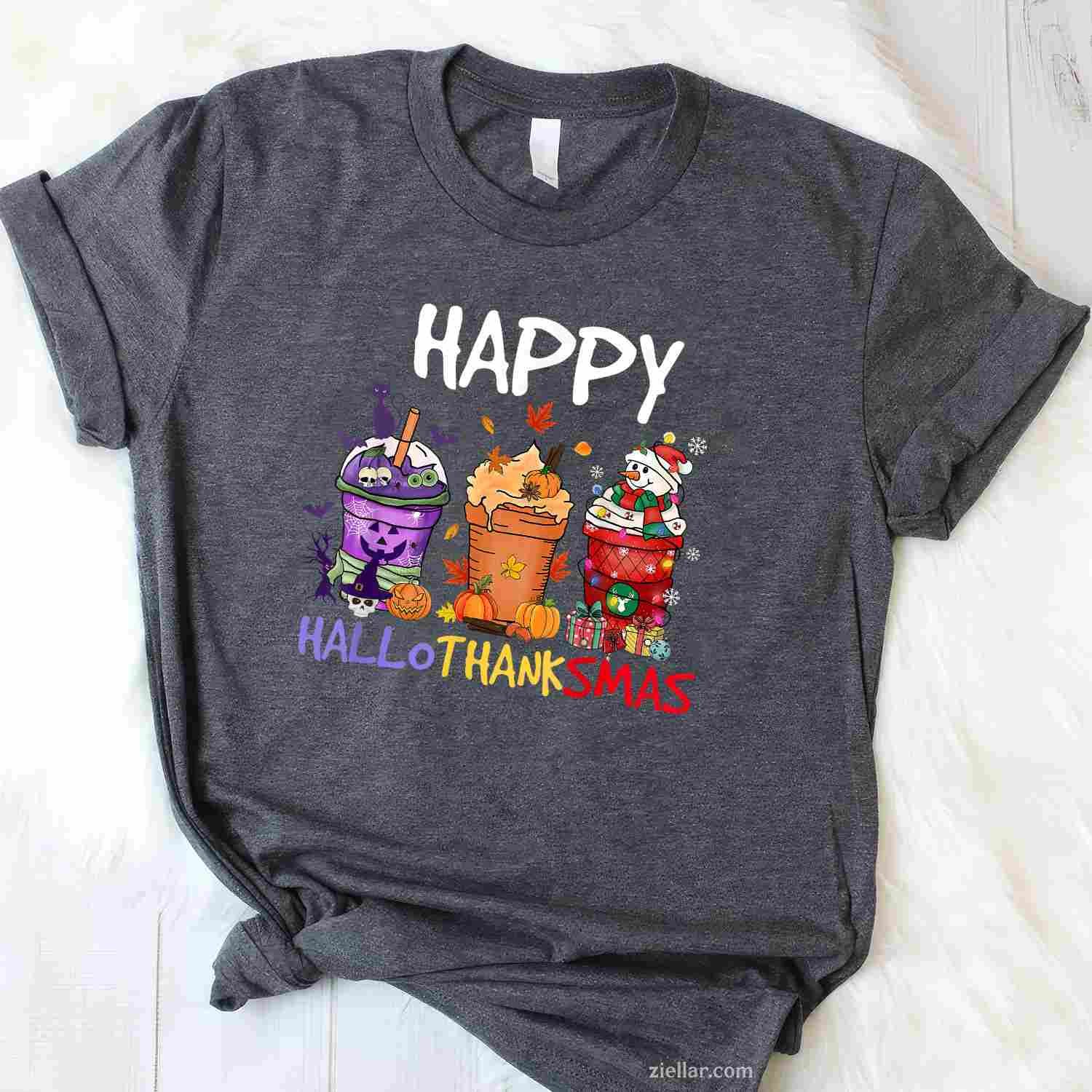 Halloween Thanksgiving Happy Hallothanksmas Season Coffee Funny Graphic Tee and T-Shirt Gift for Adults Men Women Unisex