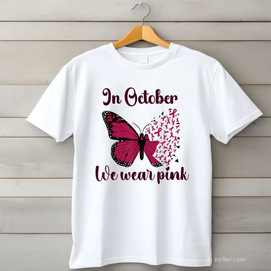 Halloween In October We Wear Pink Breast Cancer Awareness Funny Graphic Tee and T-Shirt Gift for Adults Men Women Unisex Perfect Gift