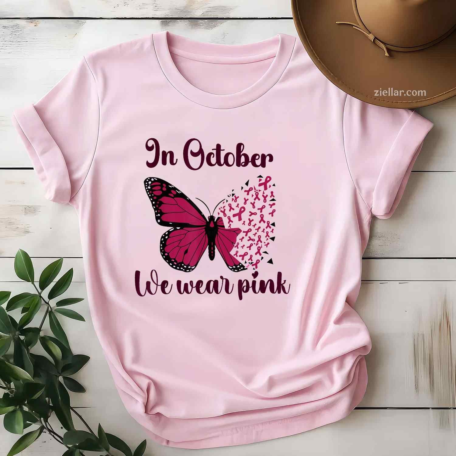 Halloween In October We Wear Pink Breast Cancer Awareness Funny Graphic Tee and T-Shirt Gift for Adults Men Women Unisex Perfect Gift