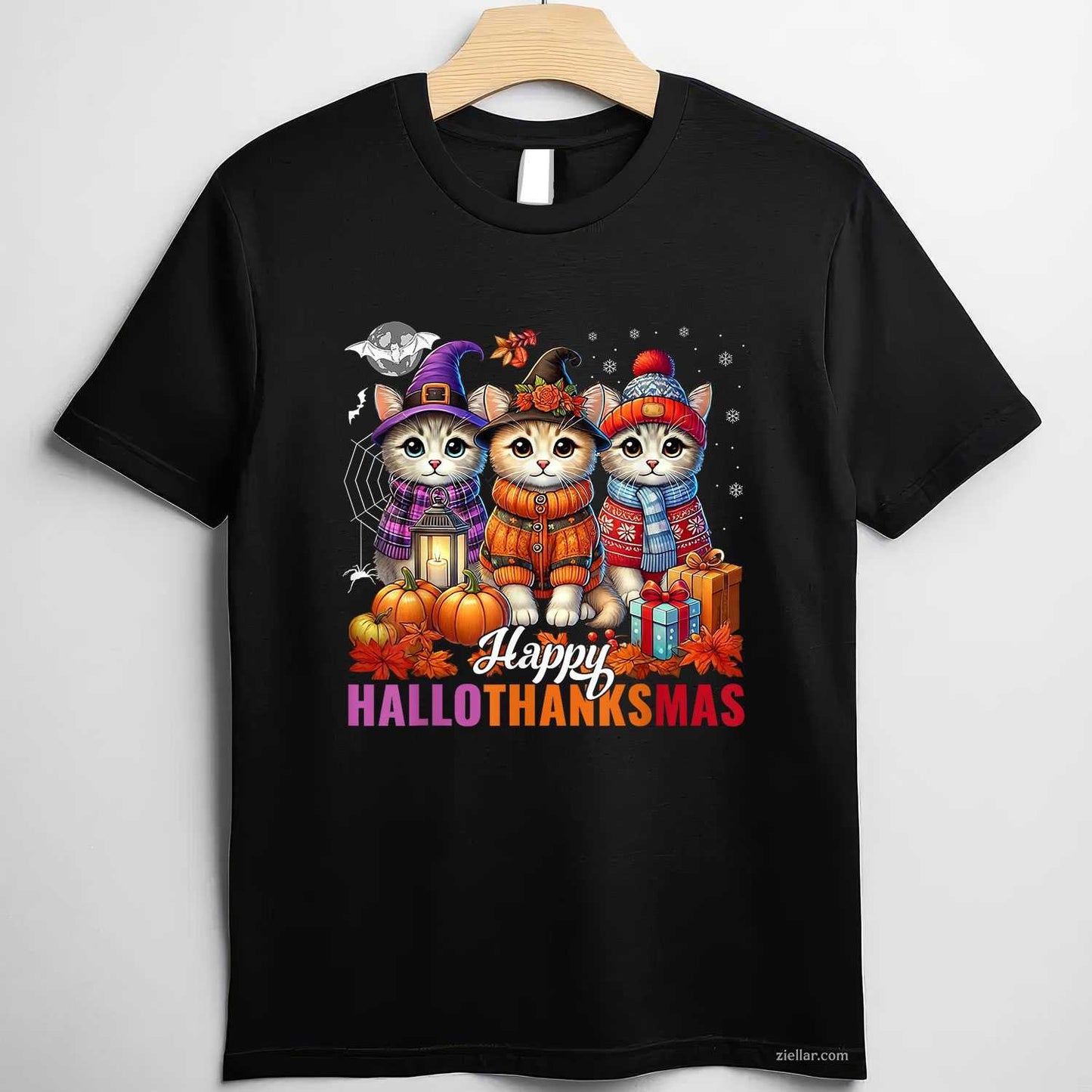 Halloween Thanksgiving Christmas Happy HalloThanksMas Cats Funny Graphic Tee and T-Shirt Gift for Adults Men Women Unisex Perfect Gift