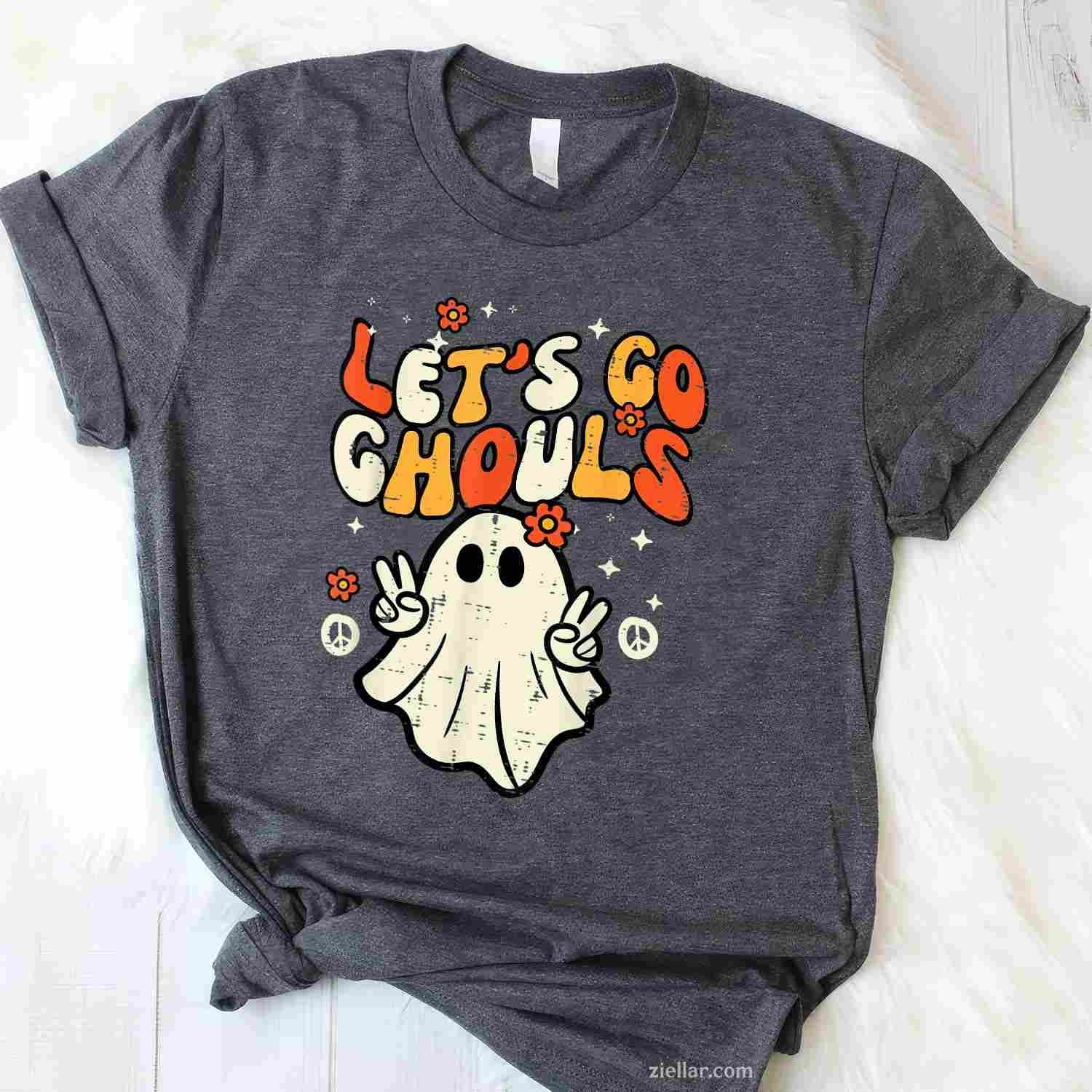 Halloween Lets Go Ghouls Ghost Retro Costume Women Tee, Halloween T-Shirt for Men Women Adults Unisex, Bold Statement Graphic, Party Outfit Favorite