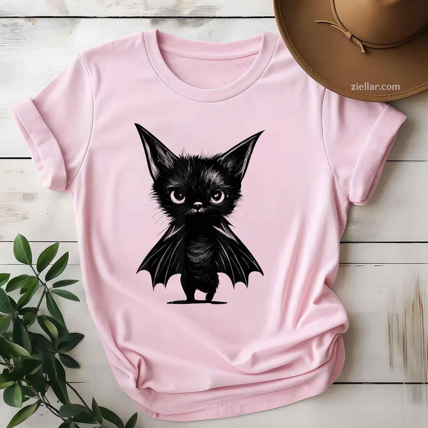 Halloween Grumpy Black Kitten In Bat Costume Tee, Halloween T-Shirt for Men Women Adults Unisex, Trendy Graphic Apparel, Unique Gift Idea