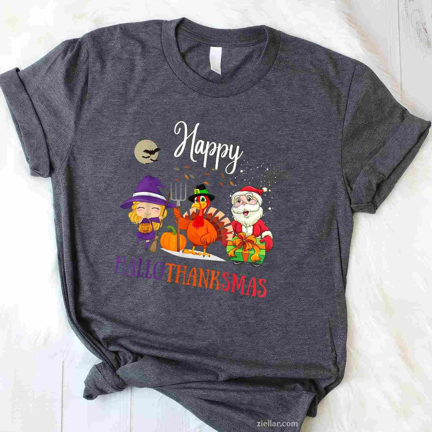 Halloween Thanksgiving Christmas Happy Hallothanksmas Funny Graphic Tee and T-Shirt Gift for Adults Men Women Unisex