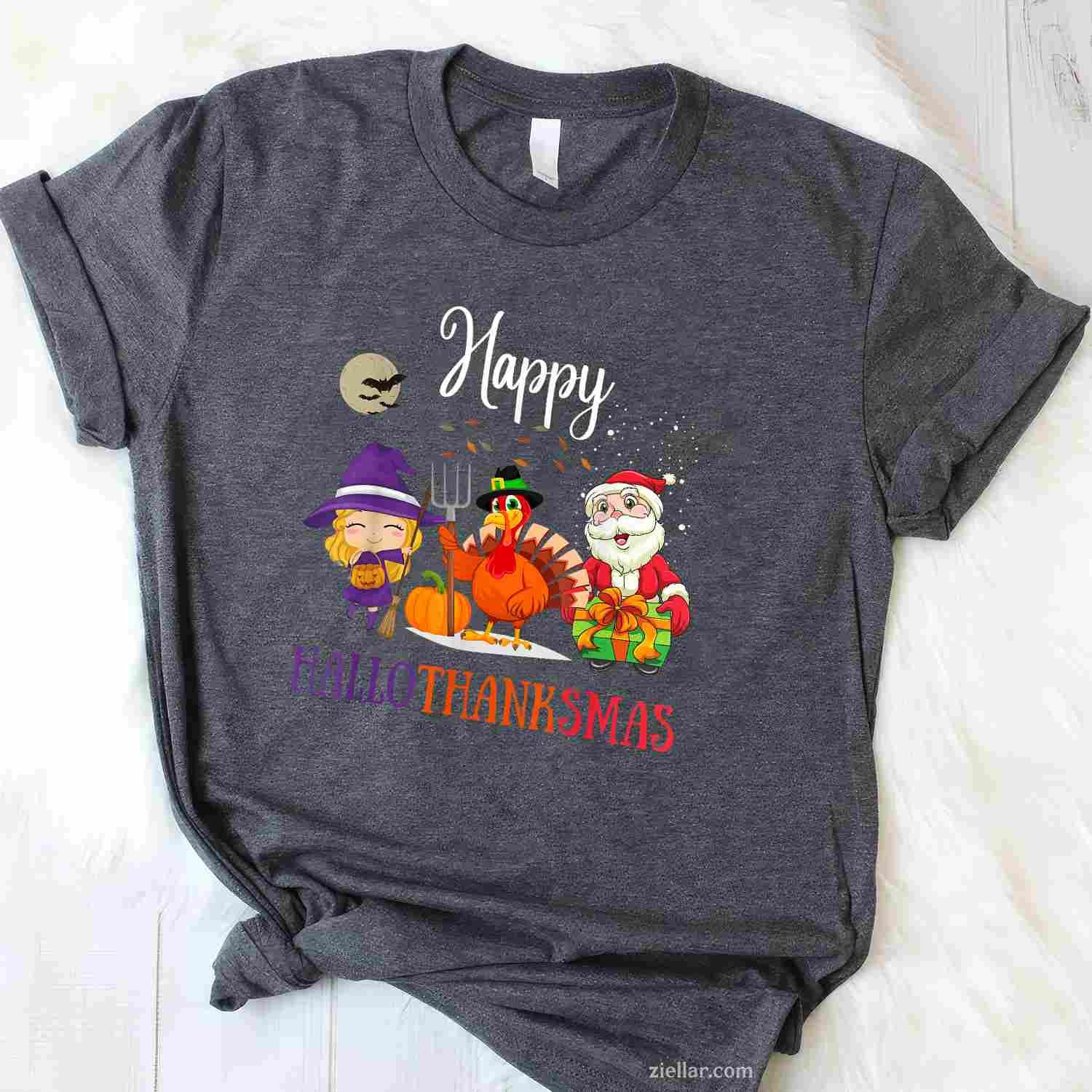 Halloween Thanksgiving Christmas Happy Hallothanksmas Funny Graphic Tee and T-Shirt Gift for Adults Men Women Unisex