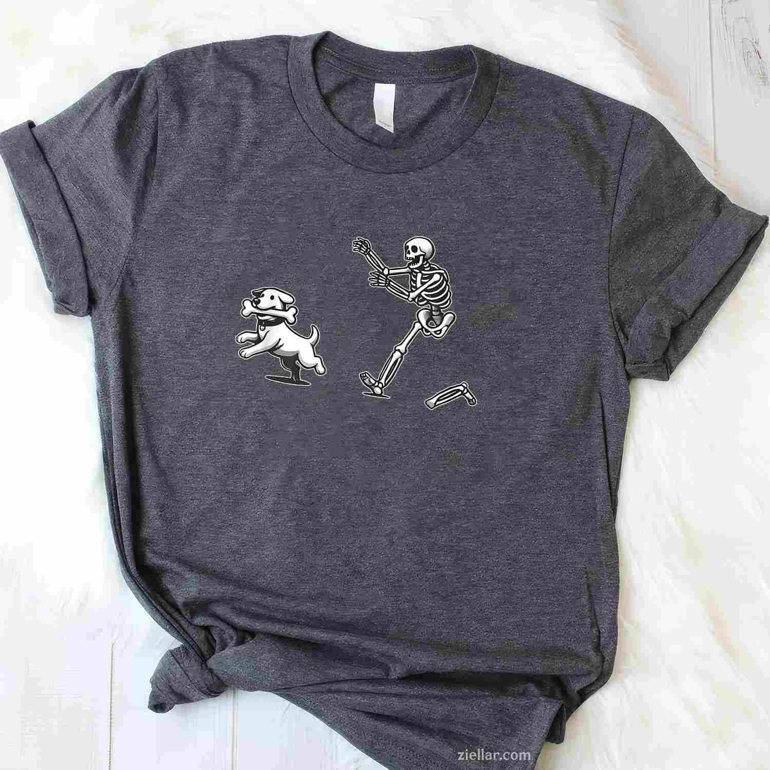 Halloween Dog, Funny Skeleton, Skeleton Chasing Dog Men Women Tee, Halloween T-Shirt for Men Women Adults Unisex, Bold Statement Graphic, Party Outfit Favorite
