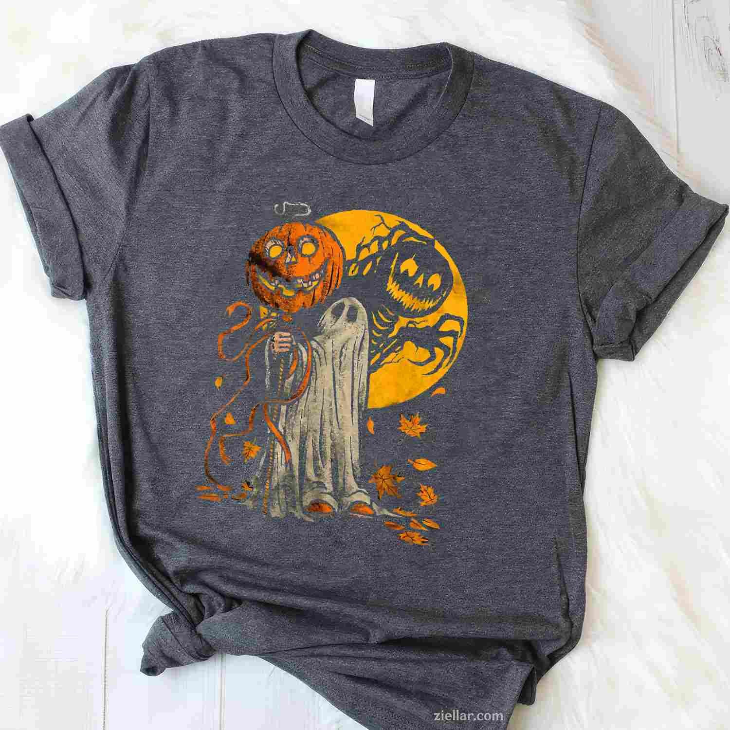 Halloween Pumpkin Ghost Autumn Leaves Graphic Art Tee, Halloween T-Shirt for Men Women Adults Unisex, Vintage Retro Graphic, Funny Novelty Gift