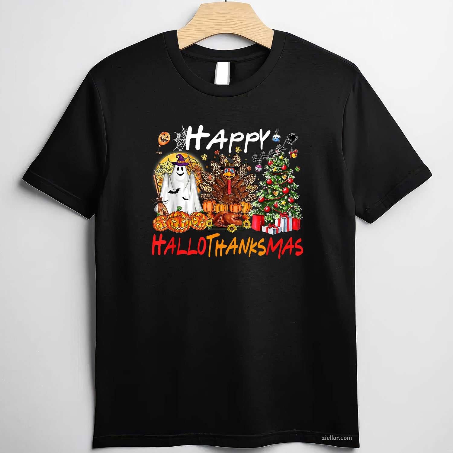 Halloween Thanksgiving Christmas Turkey Happy HalloThanksMas Funny Graphic Tee and T-Shirt Gift for Adults Men Women Unisex