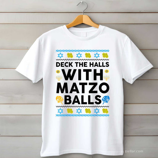 Hanukkah Deck Hall With Matzo Ball Ugly Sweater Funny Jewish T-Shirt_ Humorous Holiday Party Tee