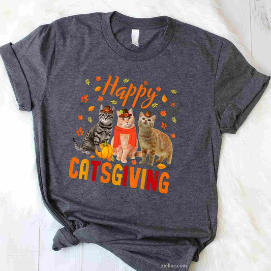 Happy Catsgiving Cute Thanksgiving Cat Wears Pilgrim Hat Tee, Thanksgiving T-Shirt for Men Women Adults Unisex, Trendy Graphic Apparel, Unique Gift Idea