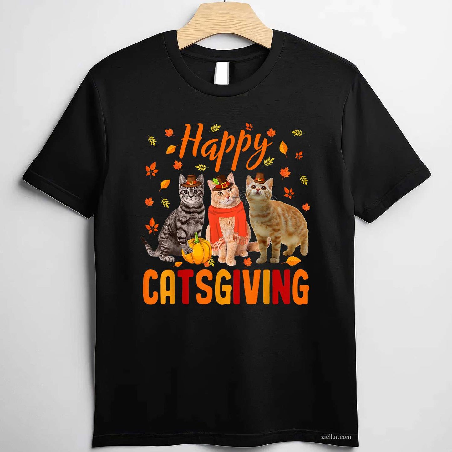 Happy Catsgiving Cute Thanksgiving Cat Wears Pilgrim Hat T-Shirt and Tee for Adults Men Women Unisex