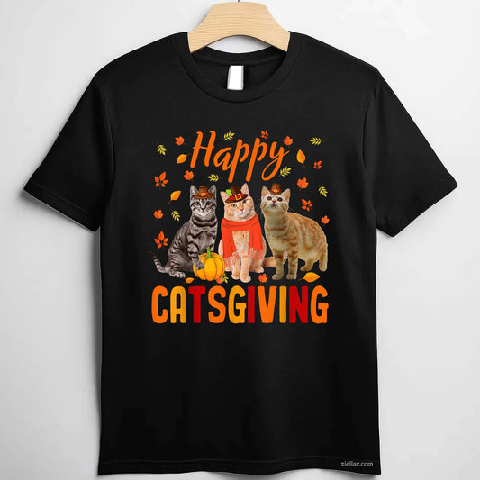 Happy Catsgiving Cute Thanksgiving Cat Wears Pilgrim Hat T-Shirt and Tee for Adults Men Women Unisex