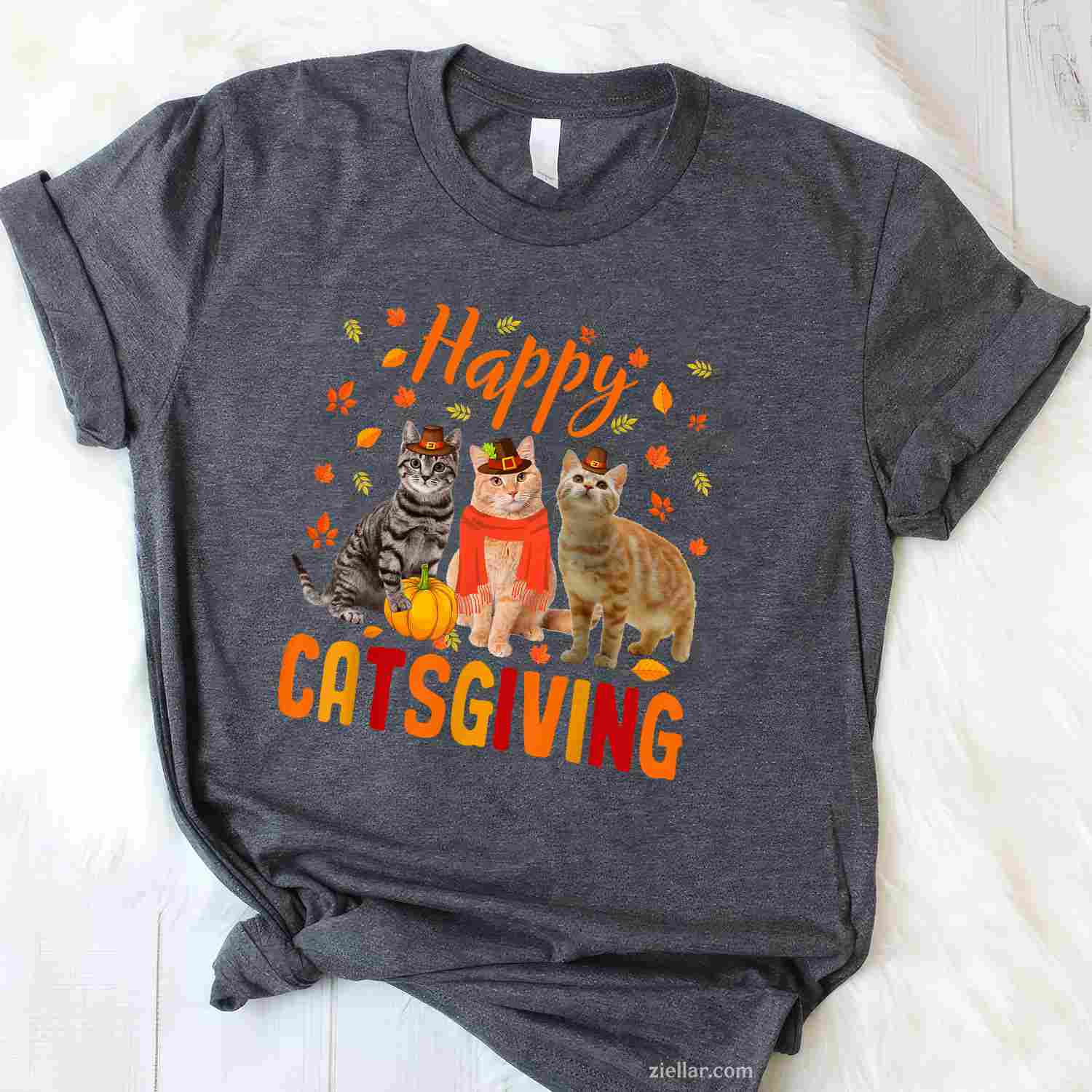 Happy Catsgiving Cute Thanksgiving Cat Wears Pilgrim Hat T-Shirt and Tee for Adults Men Women Unisex