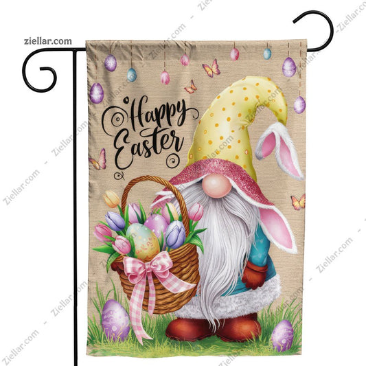 Happy Easter Gnome Garden Flag 12x18 Inch Double Sided Burlap Bunny Yard Decor