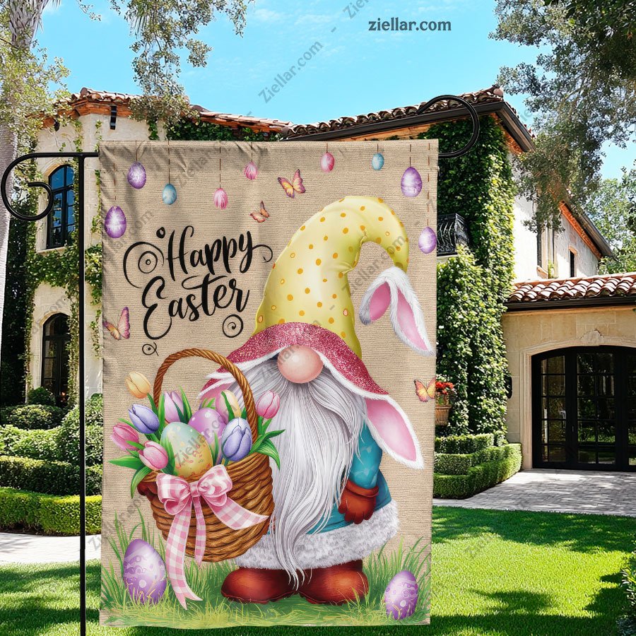 Happy Easter Gnome Garden Flag 12x18 Inch Double Sided Burlap Bunny Yard Decor