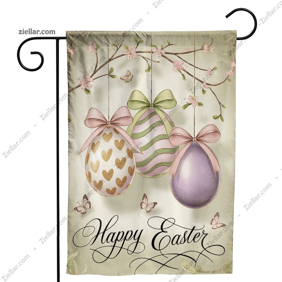Happy Easter Garden Flag 12x18_ Double Sided, Watercolor Eggs Floral Yard Decor