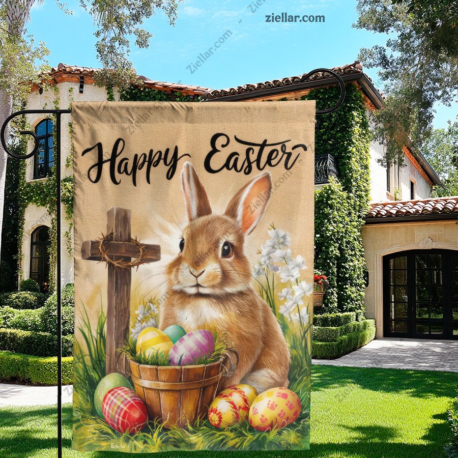 Happy Easter Bunny with Cross and Colorful Eggs Spring Christian Holiday Decor