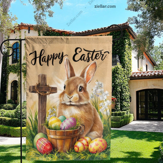 Happy Easter Bunny with Cross and Colorful Eggs Spring Christian Holiday Decor