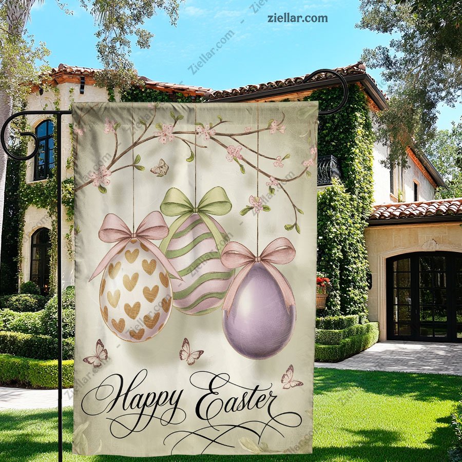Happy Easter Garden Flag 12x18_ Double Sided, Watercolor Eggs Floral Yard Decor