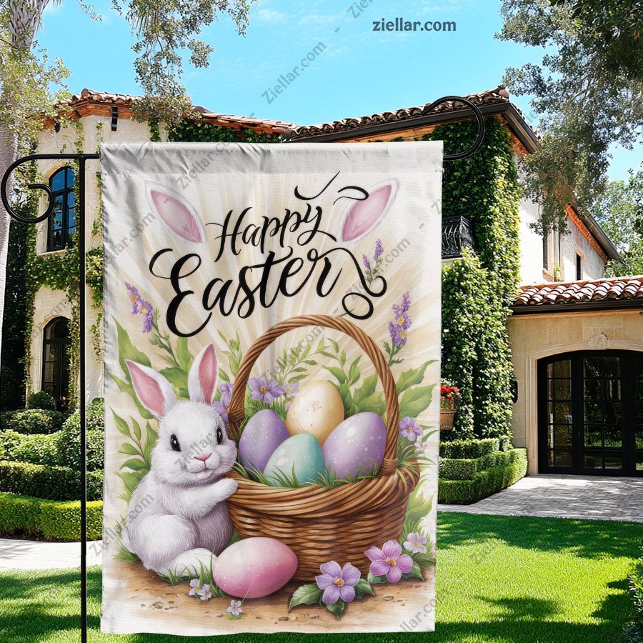 Happy Easter Bunny with Colorful Basket Garden Flag Spring Holiday Decor