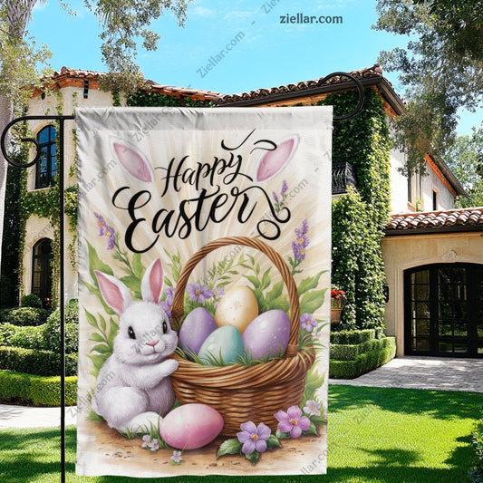 Happy Easter Bunny with Colorful Basket Garden Flag Spring Holiday Decor