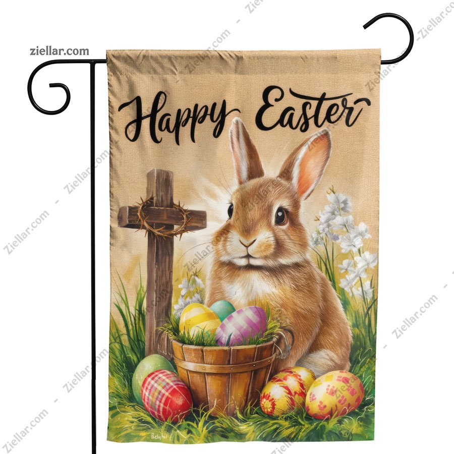 Happy Easter Bunny with Cross and Colorful Eggs Spring Christian Holiday Decor