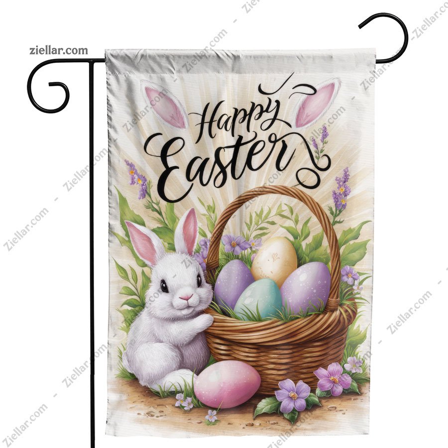 Happy Easter Bunny with Colorful Basket Garden Flag Spring Holiday Decor