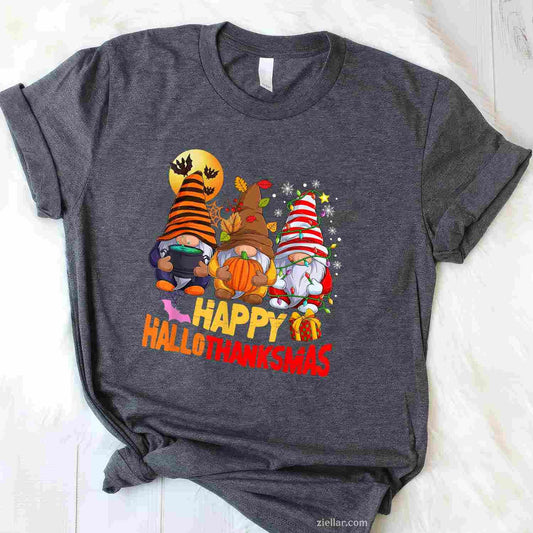 Happy Hallothanksmas Gnomes Lover Halloween Merry Christmas Funny Graphic Tee and T-Shirt Gift for Adults Men Women Unisex Tee Gift
