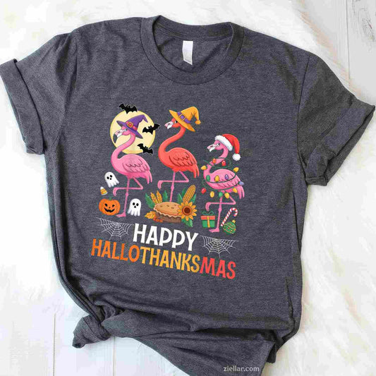 Happy Hallothanksmas Xmas Halloween Thanksgiving Flamingo Funny Graphic Tee and T-Shirt Gift for Adults Men Women Unisex
