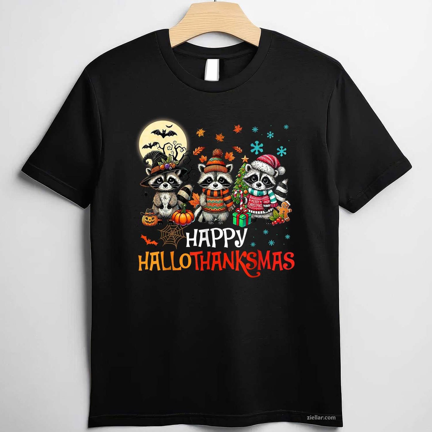 Happy Hallothanksmas Raccoon Lover Halloween Merry Christmas Funny Graphic Tee and T-Shirt Gift for Adults Men Women Unisex