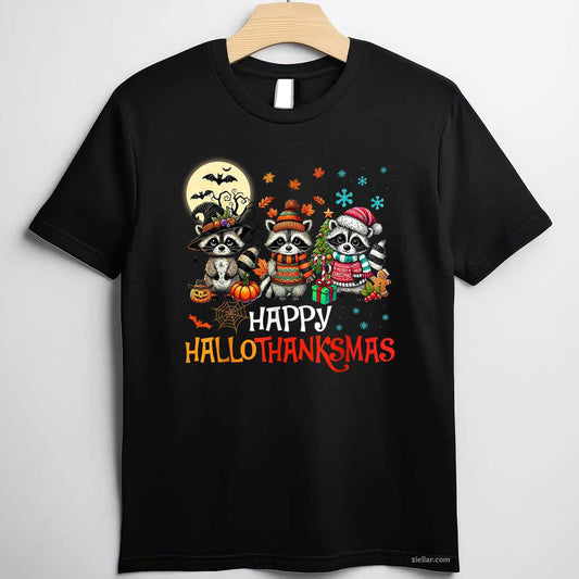 Happy Hallothanksmas Raccoon Lover Halloween Merry Christmas Funny Graphic Tee and T-Shirt Gift for Adults Men Women Unisex