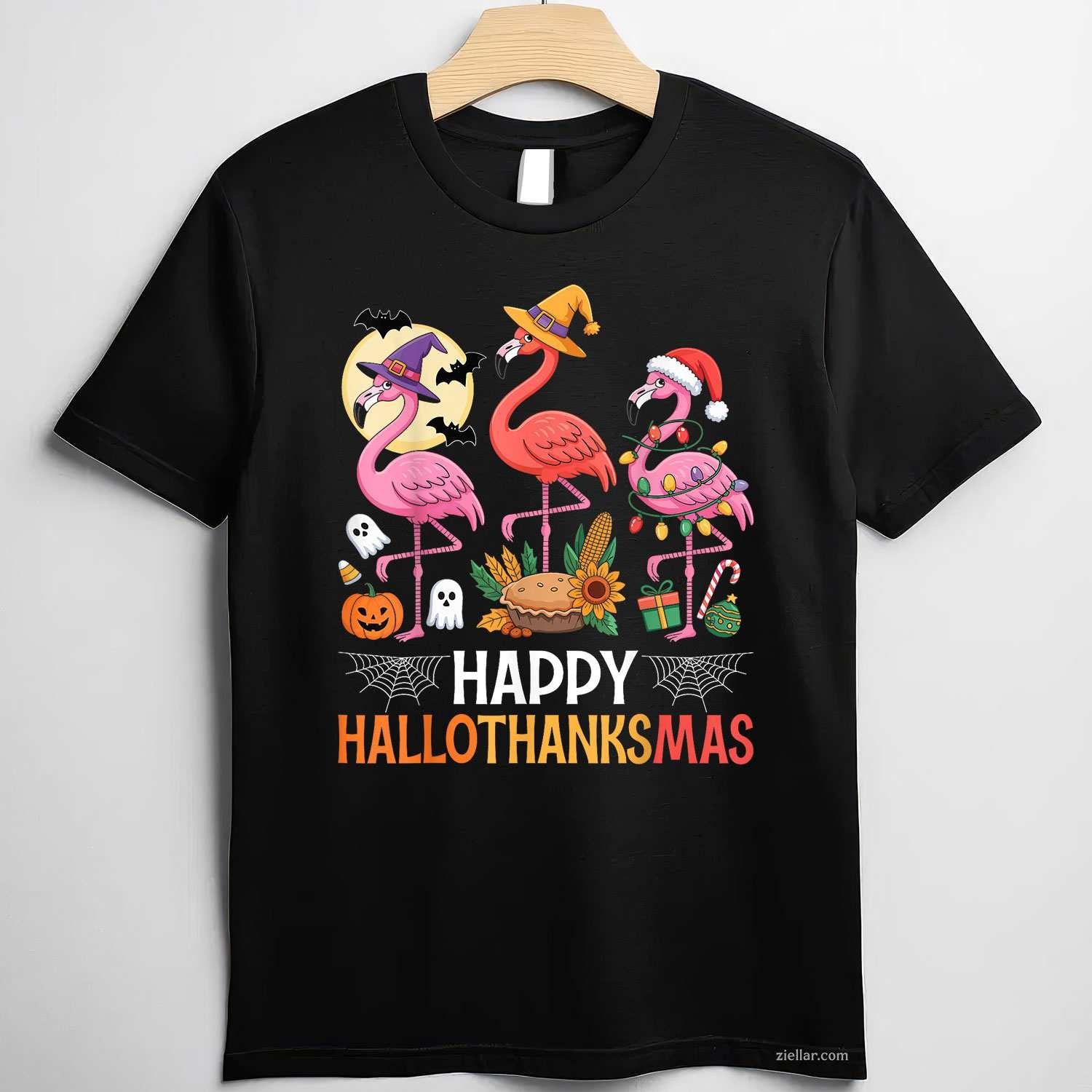Happy Hallothanksmas Xmas Halloween Thanksgiving Flamingo Funny Graphic Tee and T-Shirt Gift for Adults Men Women Unisex