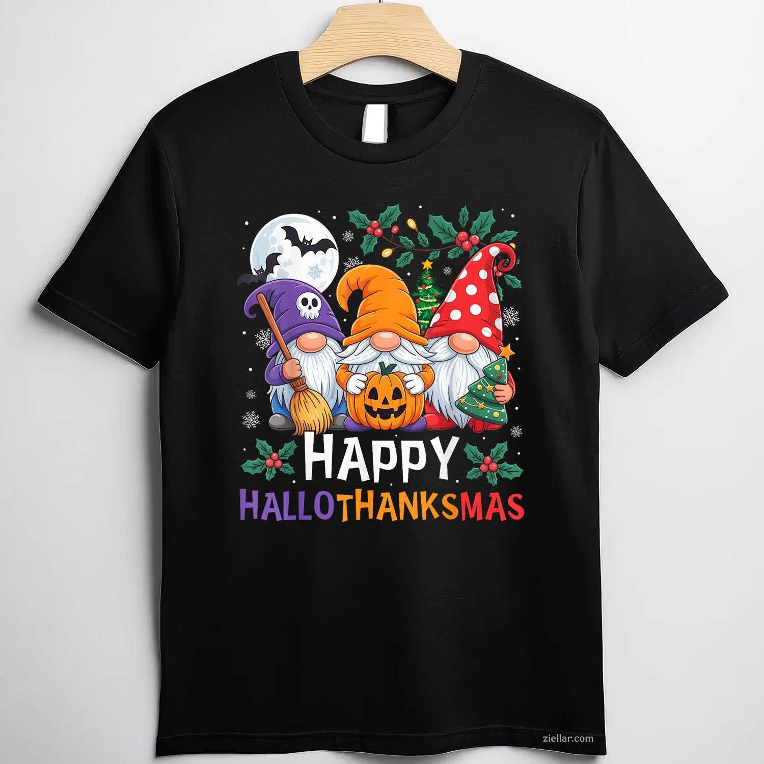 Happy HalloThanksMas Gnomes Halloween Thanksgiving Christmas Funny Graphic Tee and T-Shirt Gift for Adults Men Women Unisex