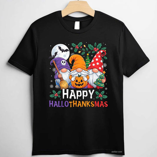 Happy HalloThanksMas Gnomes Halloween Thanksgiving Christmas Funny Graphic Tee and T-Shirt Gift for Adults Men Women Unisex