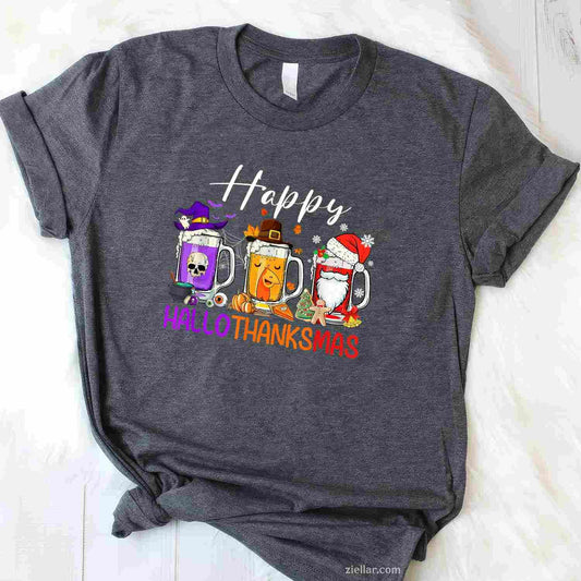 Happy Hallothanksmas Beer Halloween Thanksgiving Christmas Tee, Halloween T-Shirt for Men Women Adults Unisex, Classic Fit Unisex Design, Everyday Wear Essential