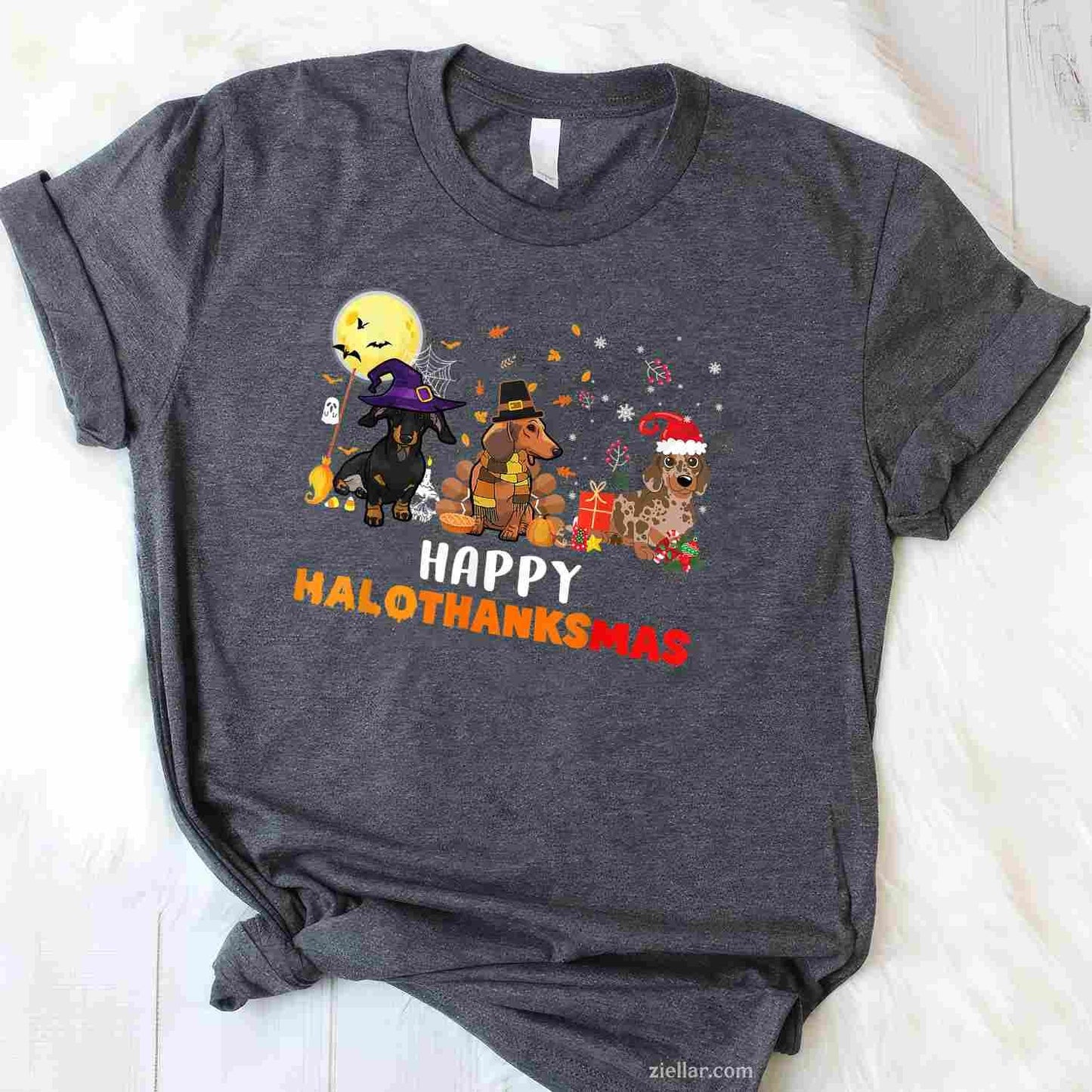 Happy Hallothanksmas Dachshund Dog Lover Halloween Christmas Funny Graphic Tee and T-Shirt Gift for Adults Men Women Unisex