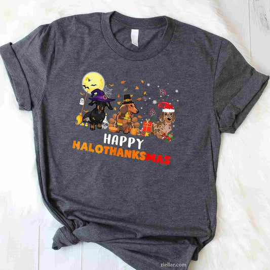 Happy Hallothanksmas Dachshund Dog Lover Halloween Christmas Funny Graphic Tee and T-Shirt Gift for Adults Men Women Unisex