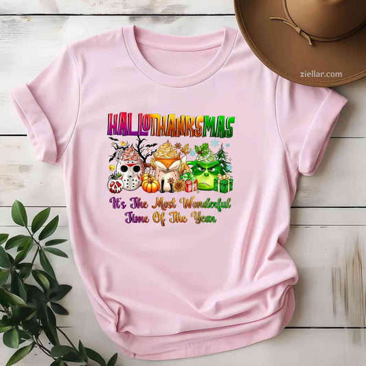 Happy Hallothanksmas Most Wonderful Time Fall Halloween Xmas Funny Graphic Tee and T-Shirt Gift for Adults Men Women Unisex