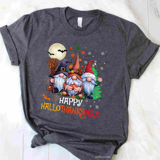 Happy Hallothanksmas Gnomes Lover Halloween Merry Christmas Tee, Halloween T-Shirt for Men Women Adults Unisex, Cool Casual Street Style, Premium Quality